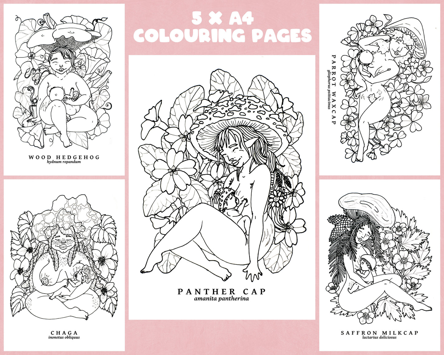 Breastfeeding Mushroom Babes Digital Coloring Pages